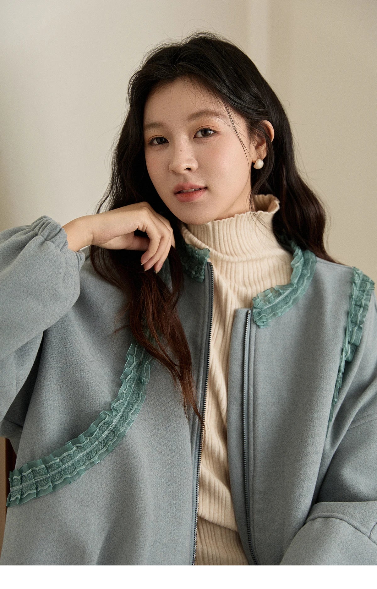 MISHOW Women's Light Blue Down Coats Winter Lace Decor Zipper Puff Sleeve Coats O Neck Loose Casual Warm Outerwear MXE94W1048