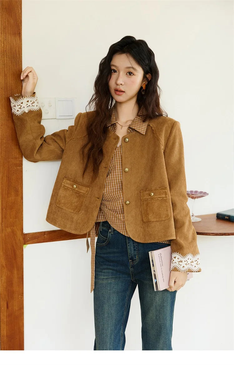 MISHOW Fragrant Suede Jacket for Women Autumn 2025 Cuffs Hollowed Out Lace Short Coats O-neck Metal Button Jackets MXE46W0839