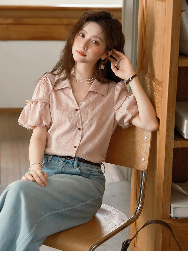 MISHOW Ladies Fashion Puff Sleeve Striped Shirt 2025 Summer New Commute Retro Turn-down Collar Top Women's Clothing MXE37C0808