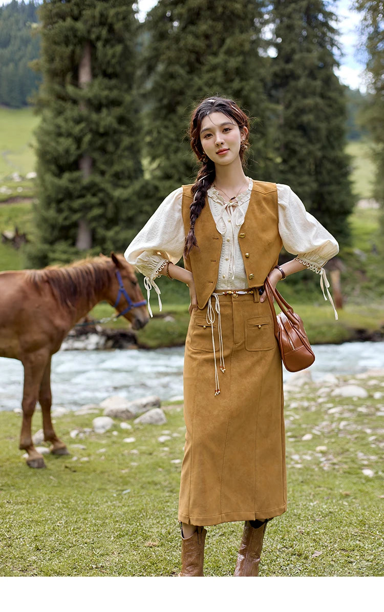 MISHOW Retro High Waist Suede Midi Skirt for Women Autumn 2024 Symmetrical Lip Pouch Skirts Slim Solid A-LINE Skirt MXD41B0486