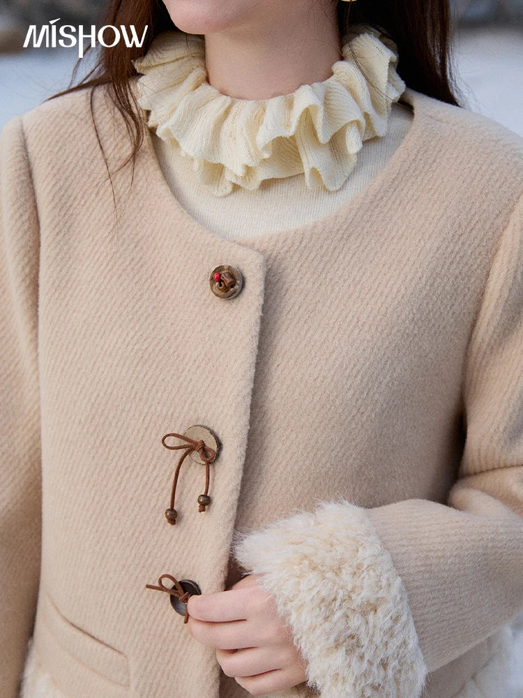 MISHOW Retro Apricot Wool Thickened Short Coat 2025 Winter Plush Splicing Coat Placket Vintage Handmade Buttons Coat MXE92W0998