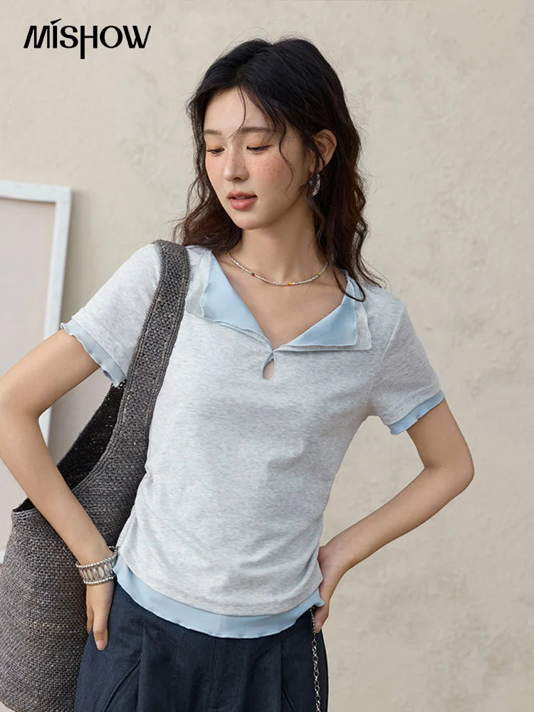 MISHOW Grey Blue Fake Two Piece Contrasting T-shirt for Women Summer 2025 Lapel Wavy Edge Slim Tees Cotton Blend Top MXE35T0567
