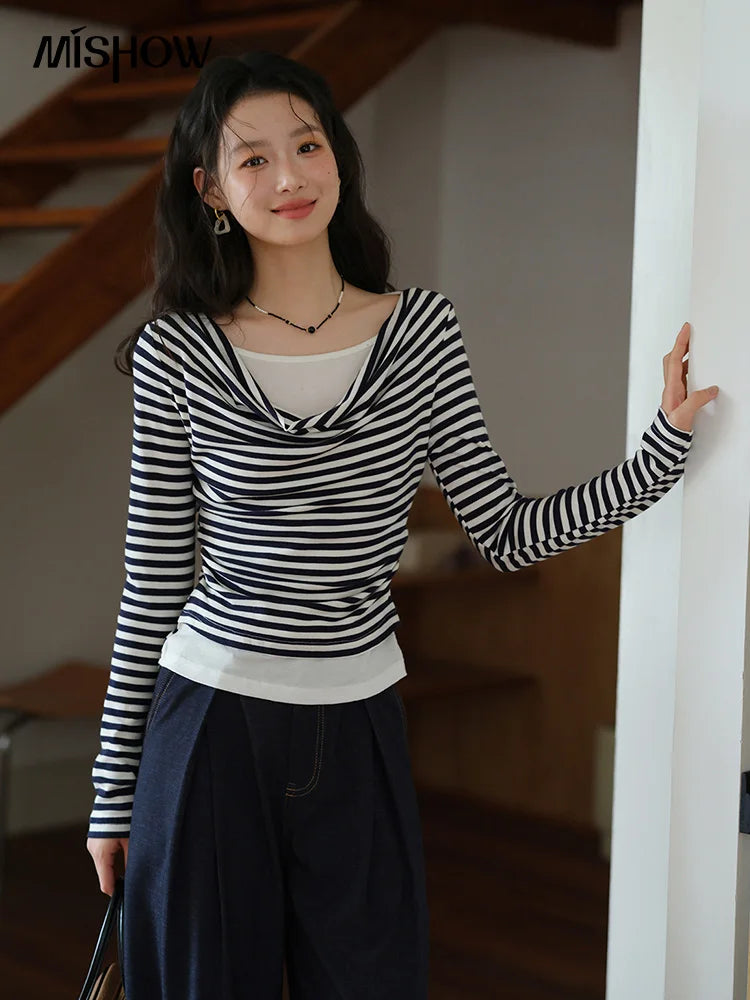 MISHOW Multi Colored Fake Two-piece Knitted Sweater 2025 Autumn Swinging Collar Casual Tops Contrasting Waist Top MXE42Z1341