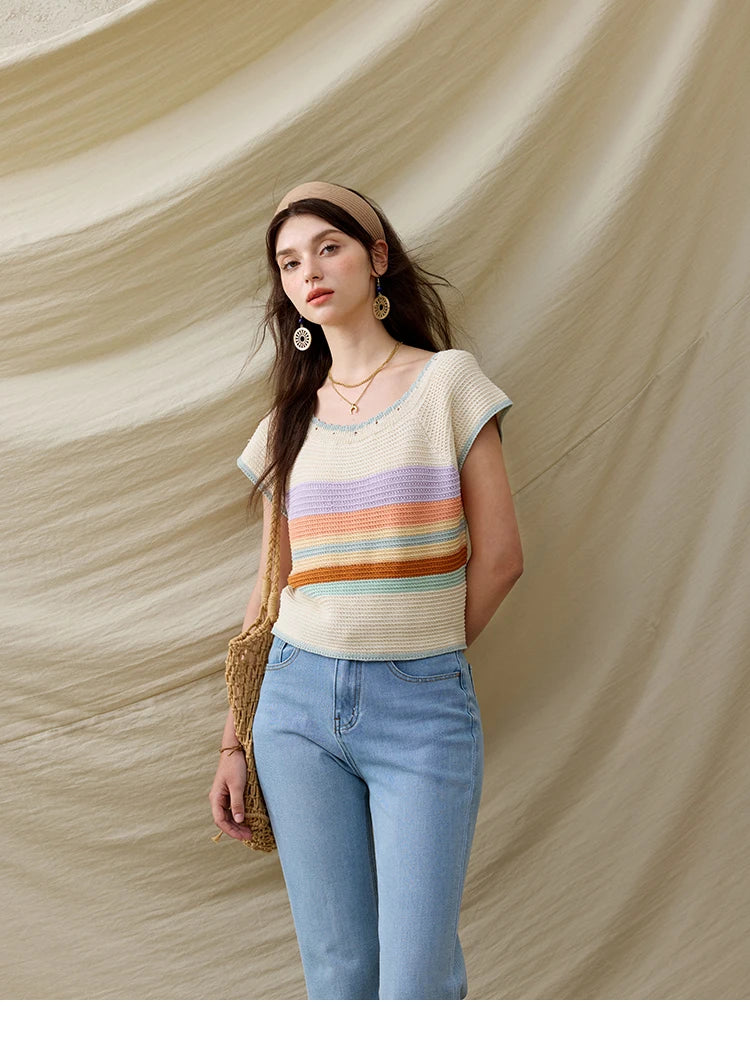 MISHOW Casual Stripe Knitted Pullover Women Summer New 2025 Short Sleeve Round Neck Slimming Tops Female Office Lady MXE31Z1222