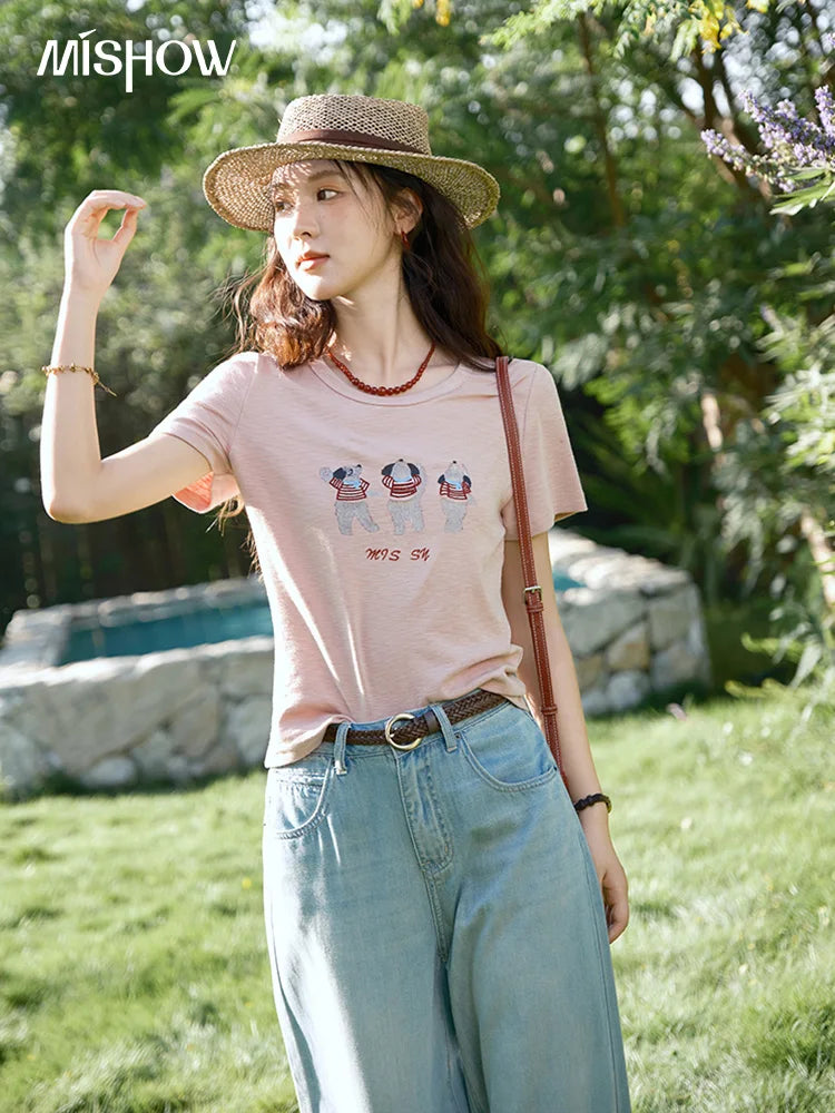 MISHOW Short Sleeve Little Bear Print T-shirt for Women 2025 Summer New O-Neck Embroidery Top Versatile Loose Tee MXE39T0699