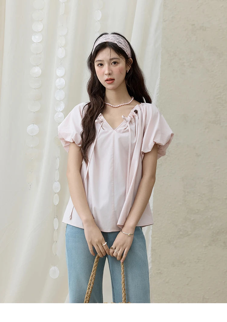 MISHOW Solid French Summer Blouses Woman 2025 New Short Puff Sleeve V-neck Beaded Retro Shirts Women Fashion Tops MXE33X1757