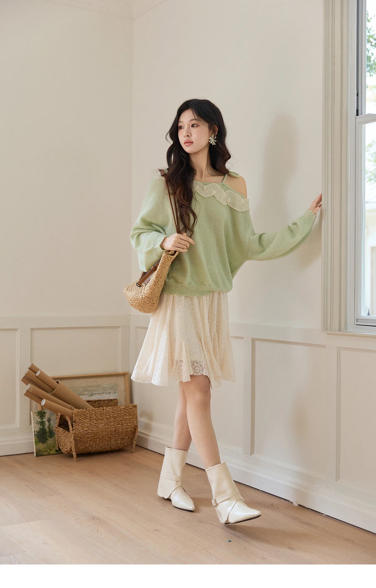 MISHOW Women's Beige Apricot Lace Midi Skirt 2026 Spring High Waist Flowy A-Line Skirts Irregular Romantic Skirt MXF108B0768