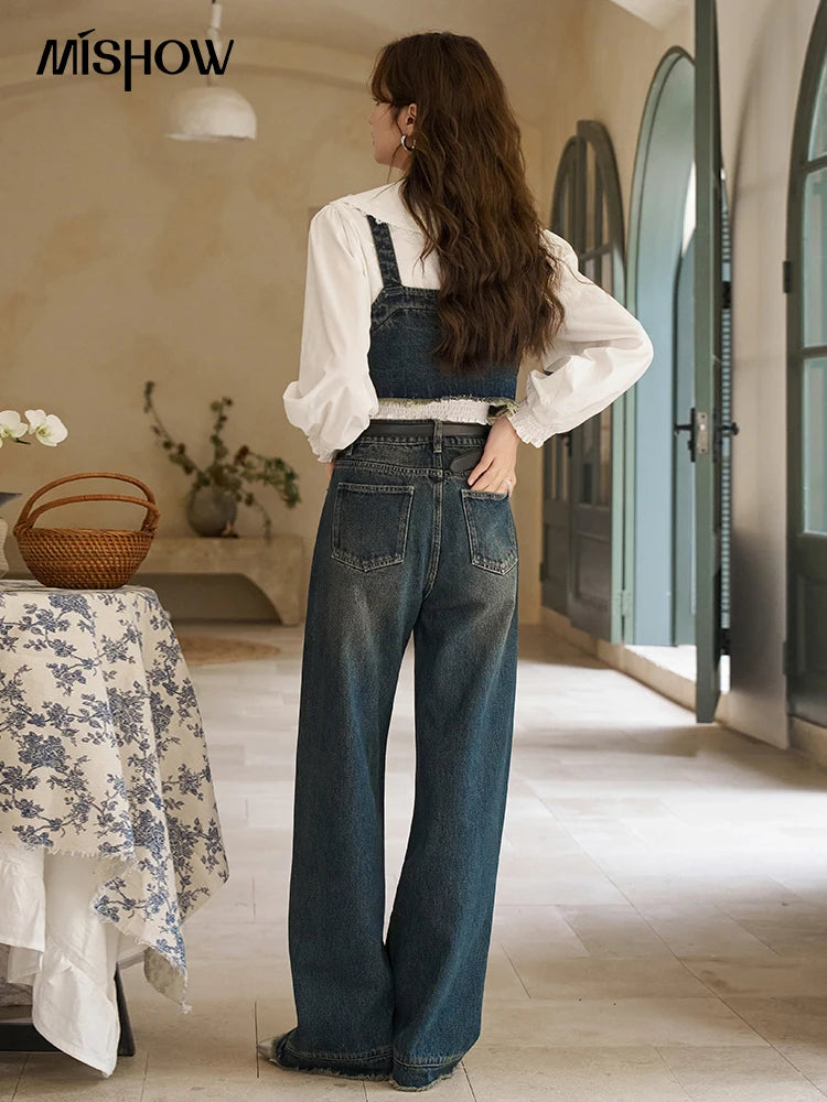 MISHOW American Retro Denim Suspender Tank Top 2024 Spring Single Breasted Sleeveless Short Vest Top Outerwear MXD12D0025