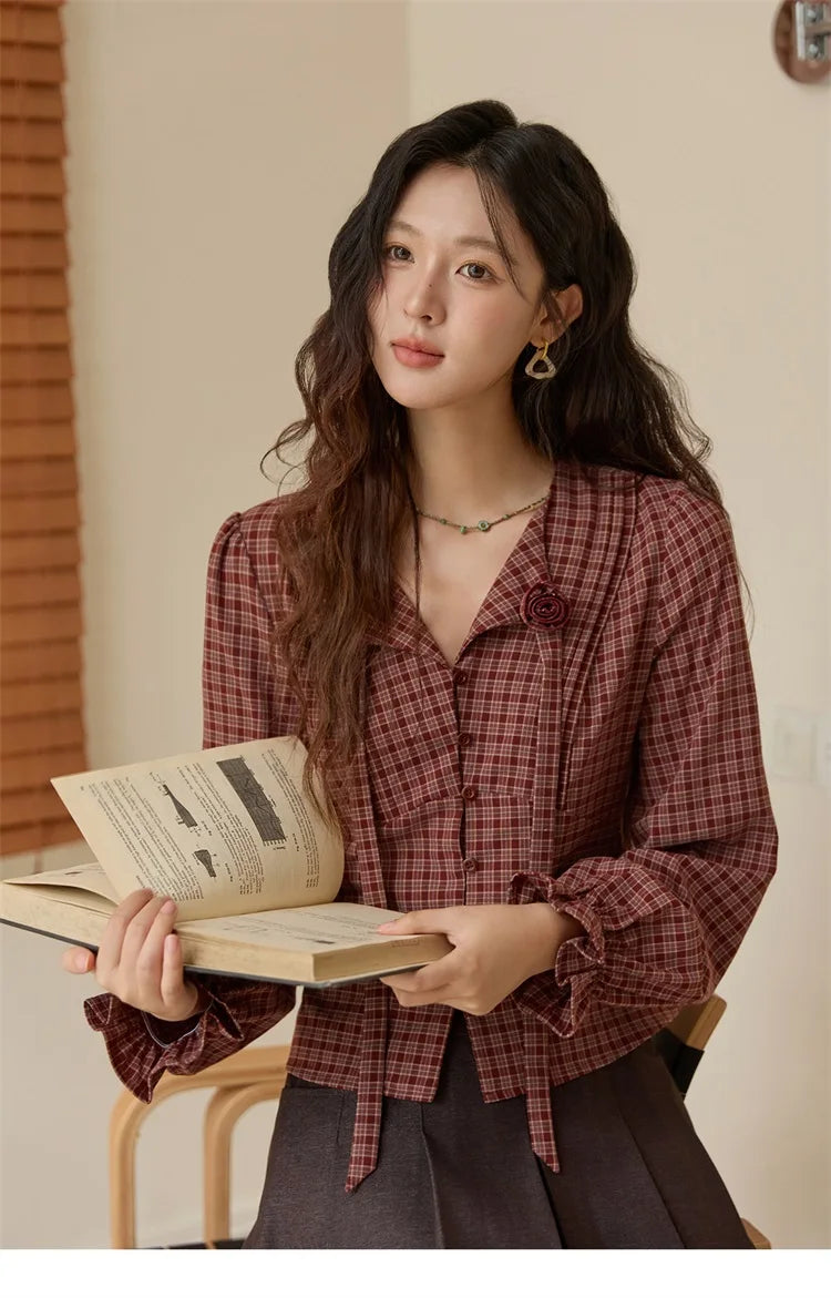 MISHOW Women's Red Tied Plaid Shirt 2025 Autumn New Arrival Sweet 3D Floral Turn-Down Collar Long-Sleeve Blouse Women MXE45X2481