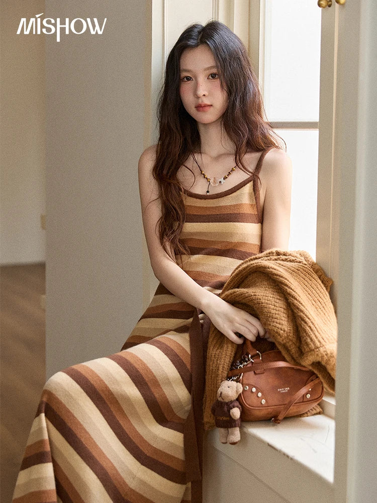 MISHOW Women's Knitted Dress 2025 Winter New Retro Striped Suspender Dress Sexy Slim Vacation Party Long Dress MXE86L2532
