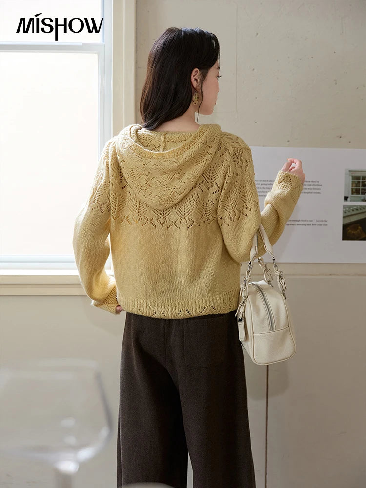 MISHOW Yellow Hollow Out Cardigan Women 2025 Autumn Winter New Hooded Zipper Sweater Loose Casual Bottoming Tops MXE46Z2584