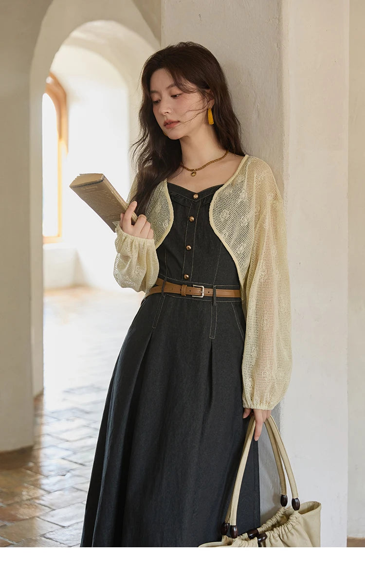 MISHOW Women's Two-Piece Set 2025 Lantern Sleeves Knitted Cardigan Imitation Denim Strap Dress Set With Belt Included MXE41T0704