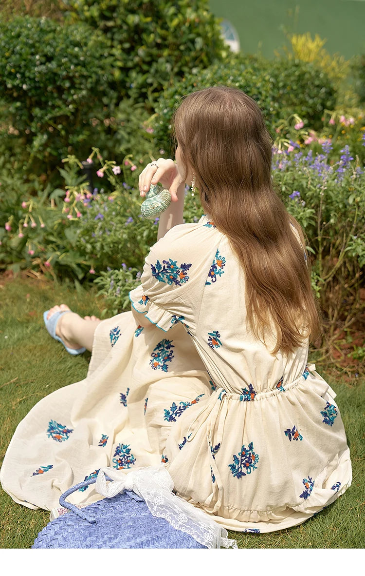 MISHOW French Romantic Dress 2024 Summer Women Embroidered Flower Fairycore Dresses Elastic Waist Drawstring Dress MXD24L1835