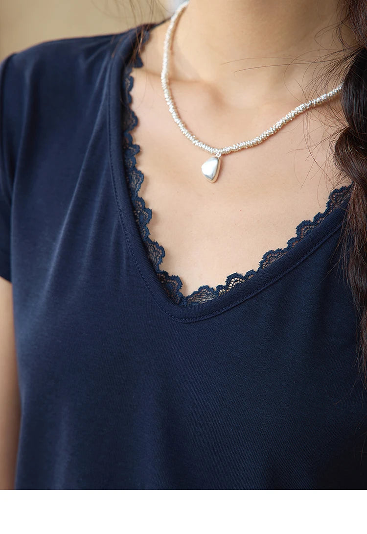 MISHOW Women's Short Sleeve T-shirt 2025 Summer Office Lady Fashion V-neck Spliced Lace Casual Tee Female Clothing  MXE36T0644