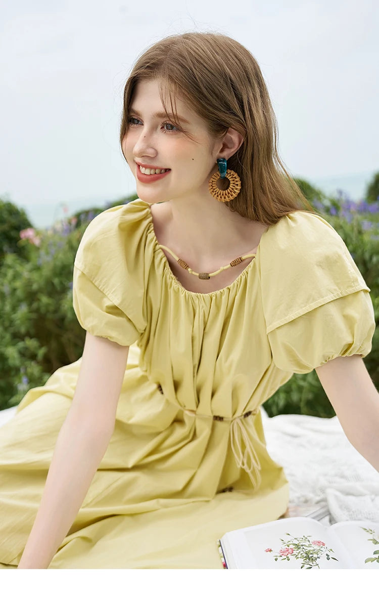 MISHOW 100 Cotton Bohemian Dress 2024 Summer French Elegant Elastic Round Neck Bubble Sleeve Long Dresses with Belt MXD26L1940