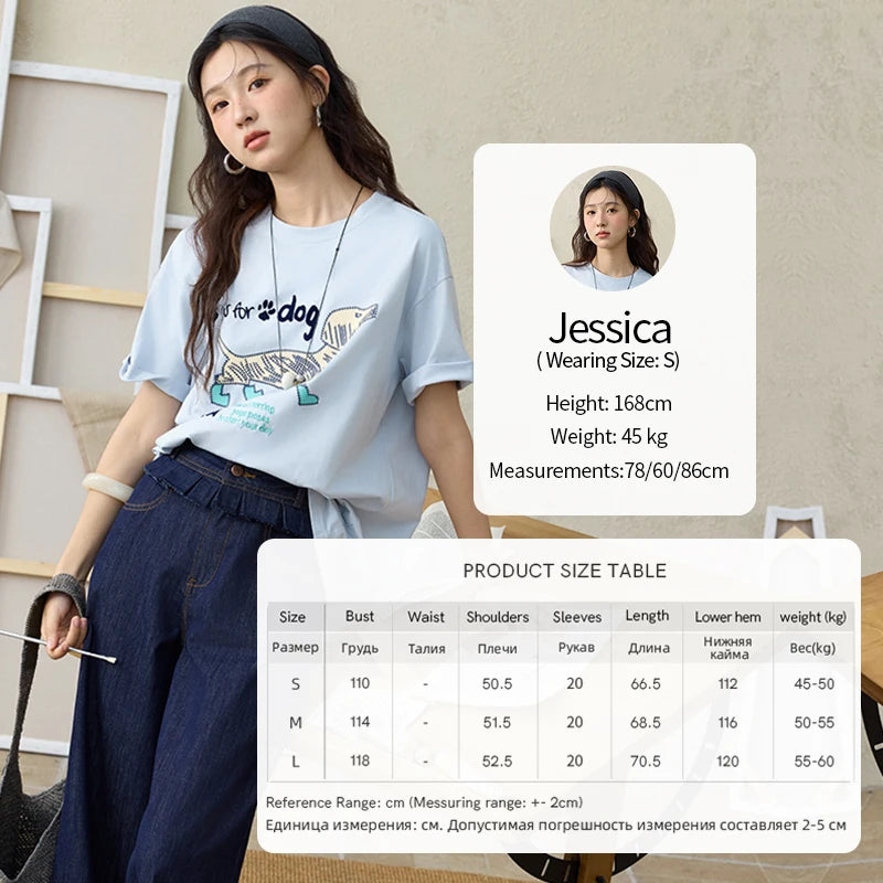 MISHOW Print Summer T-shirts Women 2025 Short Sleeve Round Neck Flocked Puppy Loose Shirt Female Casual Versatile Top MXE33T0542