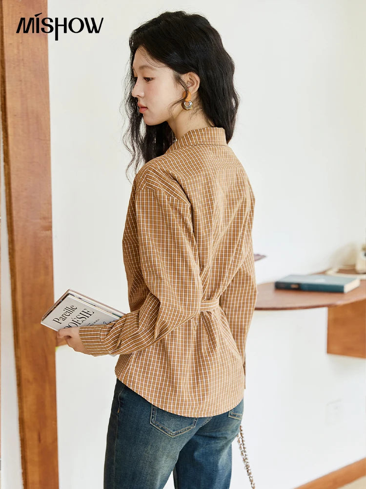 MISHOW Women's 100 Cotton Dark Orange Plaid Shirt  Autumn Design Side Waist Lace-up Long Sleeved Shirts Office Lady MXE46X2494
