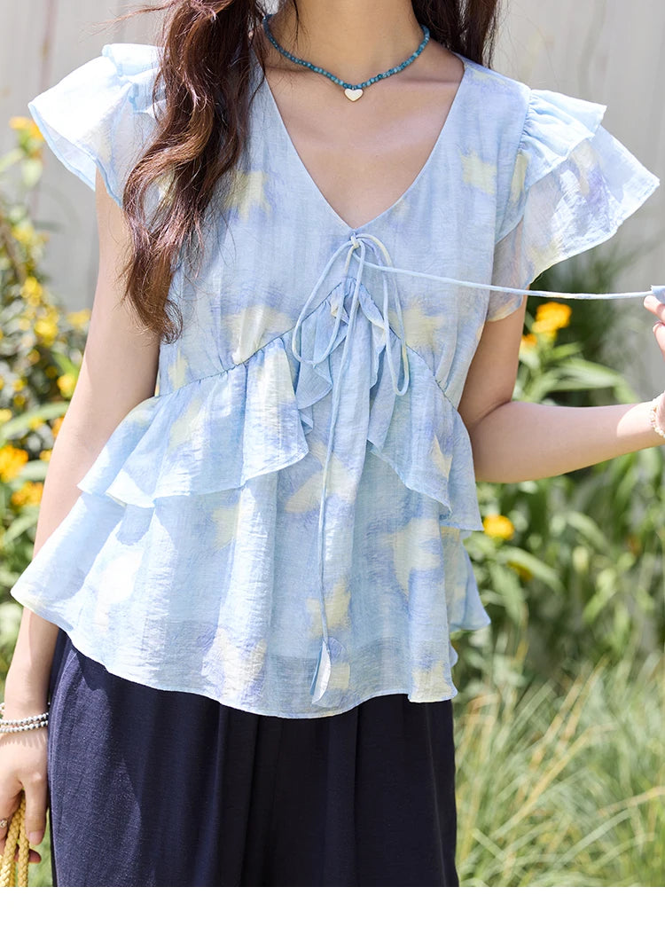 MISHOW Blue Double-layer Ruffled Linen V-neck Blouse for Women Summer 2025 Slim Flying Sleeve Breathable Lace-up Tops MXE33X1819