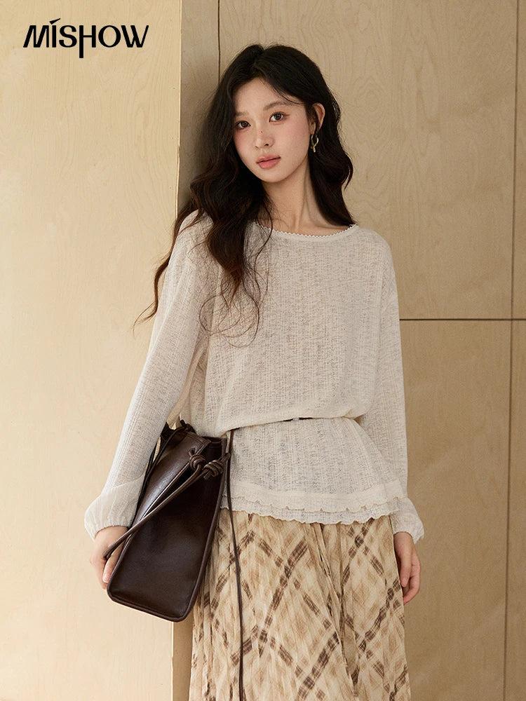 MISHOW Women's Lace Trim Boat Neck Knitted Tops with Belt 2026 Spring  Micro Transparent Loose Casual Thin Sweater MXF13Z3002