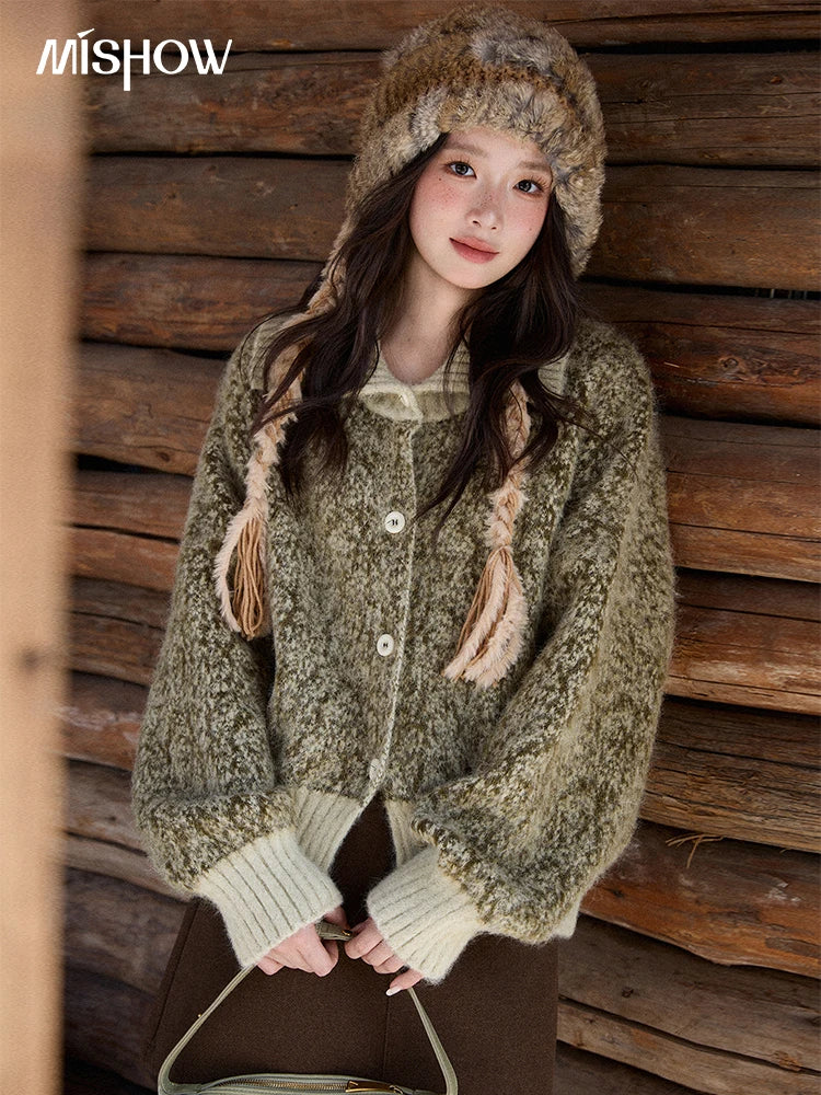 MISHOW Women's Green Retro Mottled Sweater Winter 2025 Casual Stand-up Collar Batwing Sleeves Knitted Cardigan tops MXE90Z2787
