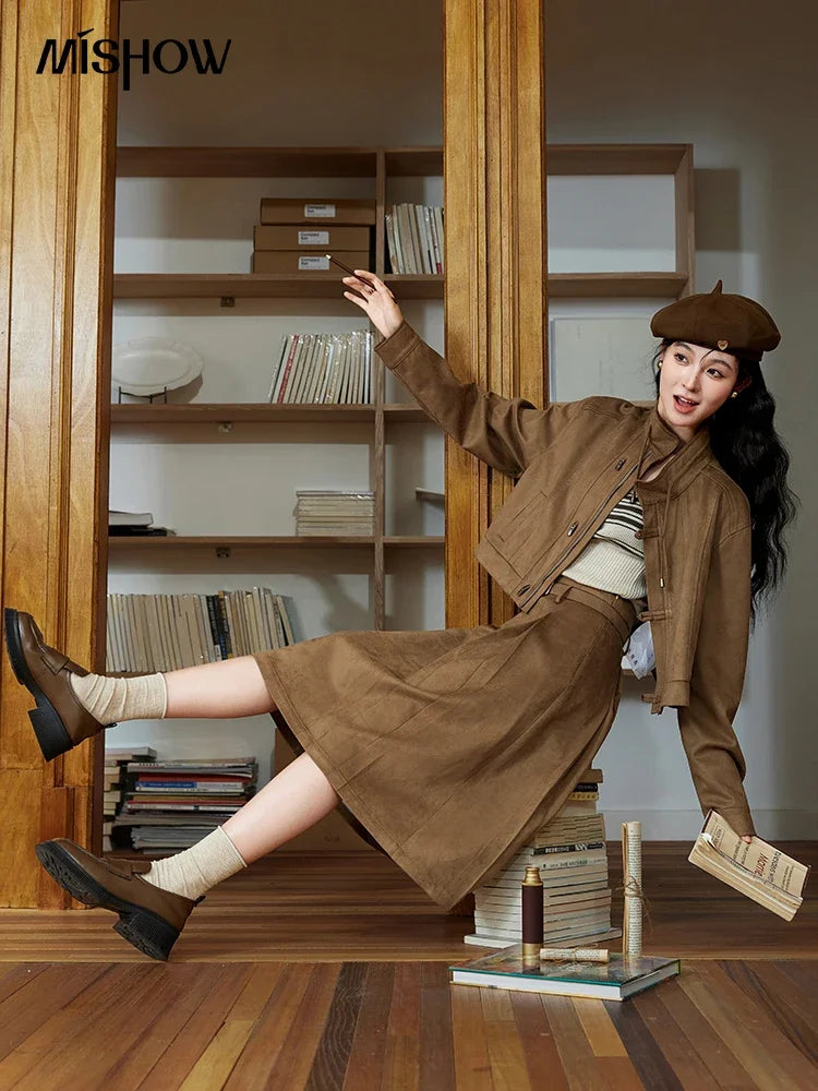 MISHOW Retro Suede Jacket Pleated Skirt Separately for Women 2024 Autumn Short Stand Neck Jacket A-line Short Skirt MXD44W0423