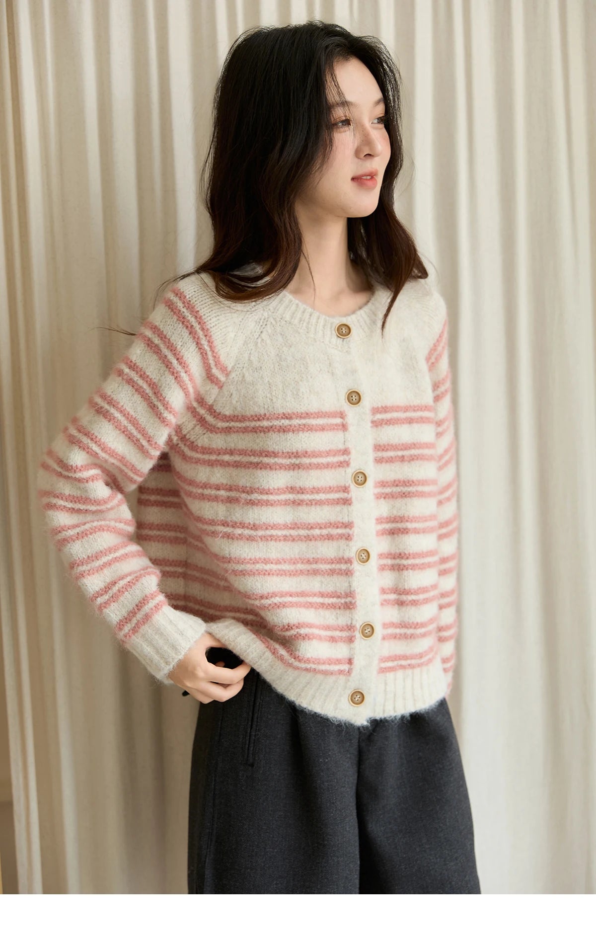 MISHOW Women's Pink Striped Cardigan 2025 Autumn Winter French Style Round Neck Wool Blended Sweater Loose Casual Top MXE49Z2615