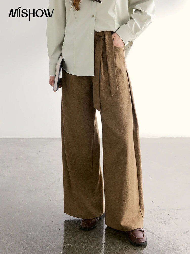 MISHOW Women's Strap Design Brown Wide Leg Pants Spring High Waist Back Elastic Waist Pants Casual Loose Trousers MXF11K1134