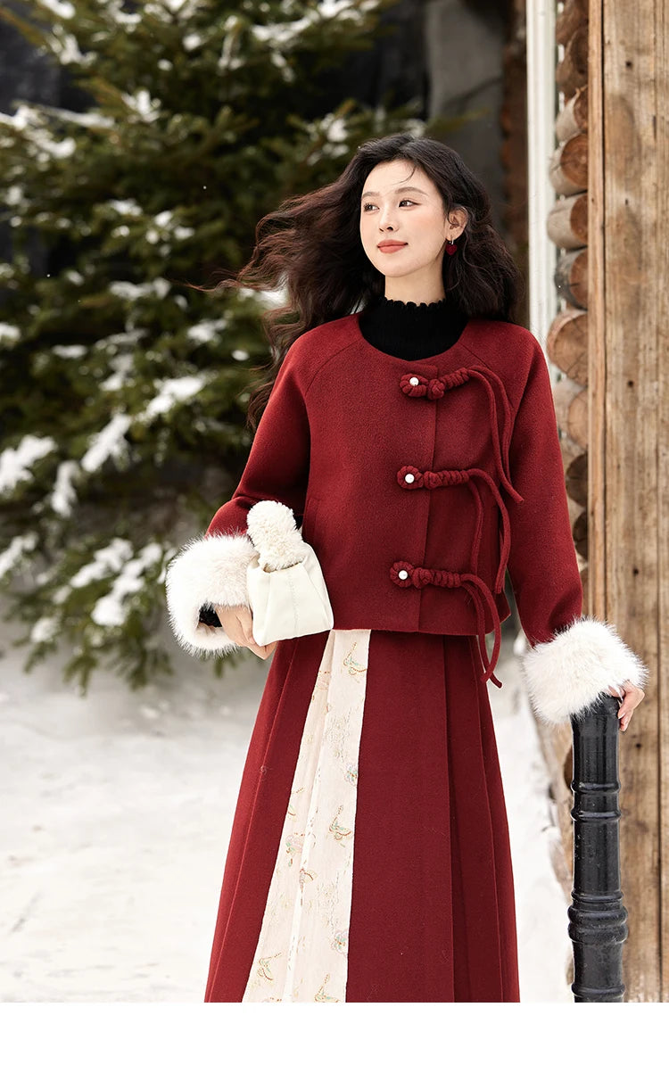 MISHOW Tweed Jacket Midi Skirts Separately Removable Fur Collar Frog Short Coat Cotton Clip A-LINE Pleated Skirt MXD59W0609