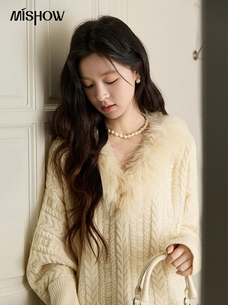 MISHOW Women's Batwing Sleeve KnittedSweater 2025 Winter Faux Fur Collar Cable Knit Puff Sleeve Warm Pullover Tops MXE94Z2985