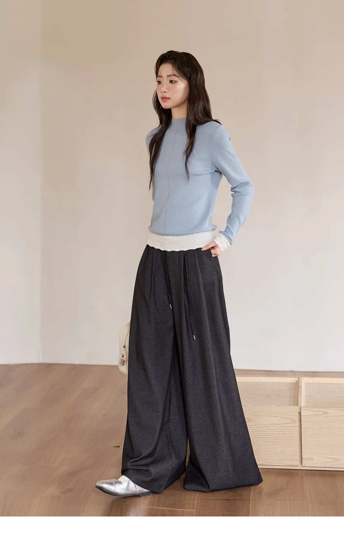 MISHOW Women's Trousers 2025 Autumn Winter Lace-up Gray Wide-leg Pants High Waist Slim Commuting Casual Pants Women MXE51K1106