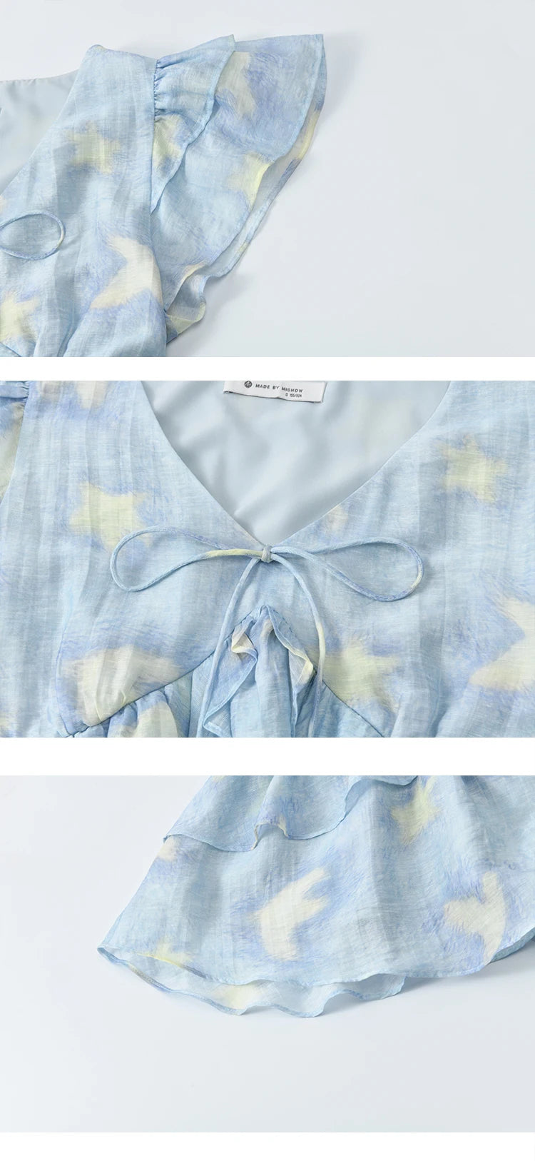 MISHOW Blue Double-layer Ruffled Linen V-neck Blouse for Women Summer 2025 Slim Flying Sleeve Breathable Lace-up Tops MXE33X1819