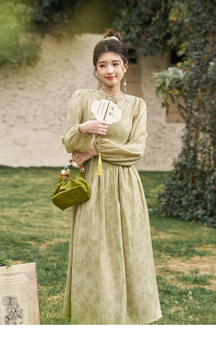 MISHOW Retro Chinese Improved Cheongsam Dress 2024 Spring Chiffon Printing Green Puff Sleeve Stand Neck Waist Dresses MXD14L1767