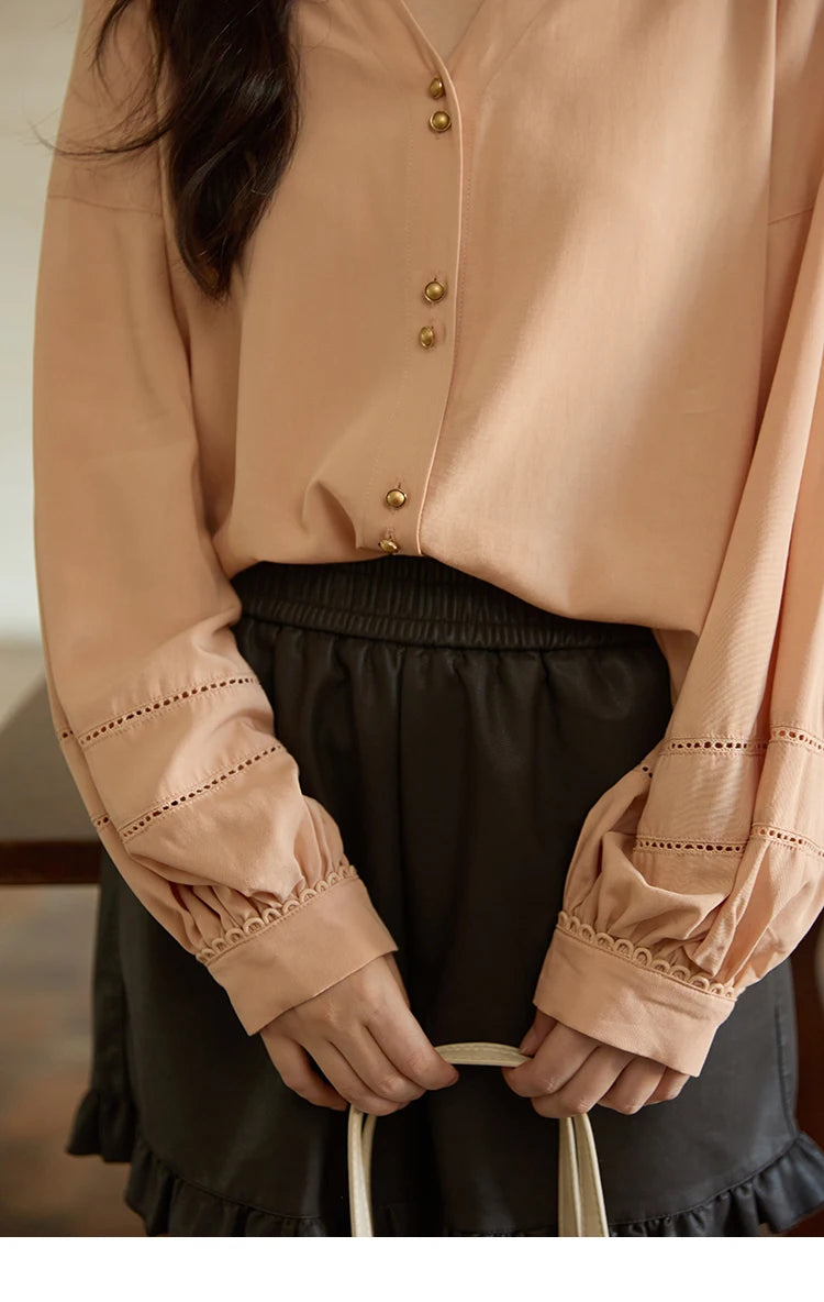 MISHOW Women's Shirt Lantern Sleeve Hollow Out Tops 2025 Autumn Single Breasted Solid Shirts Lapel Shirt Office Lady MXE41C2359