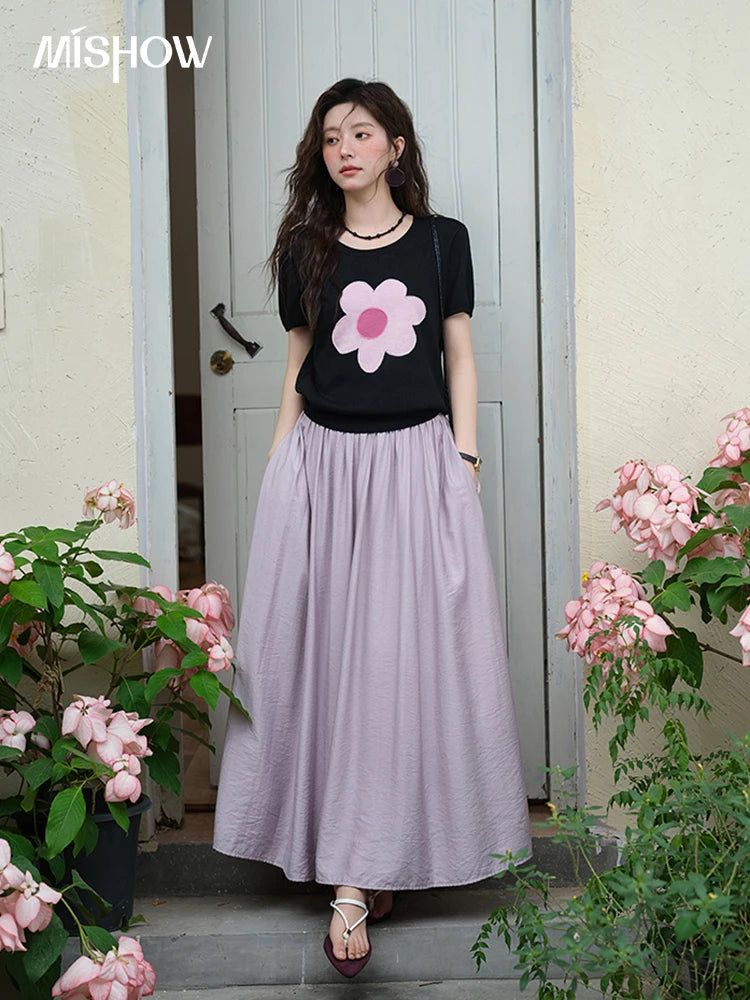 MISHOW Contrast Color Flower Knitted T-shirts for women 2025 Summer New Round Neck Top Women's Clothing Commute Tee MXE39Z1311