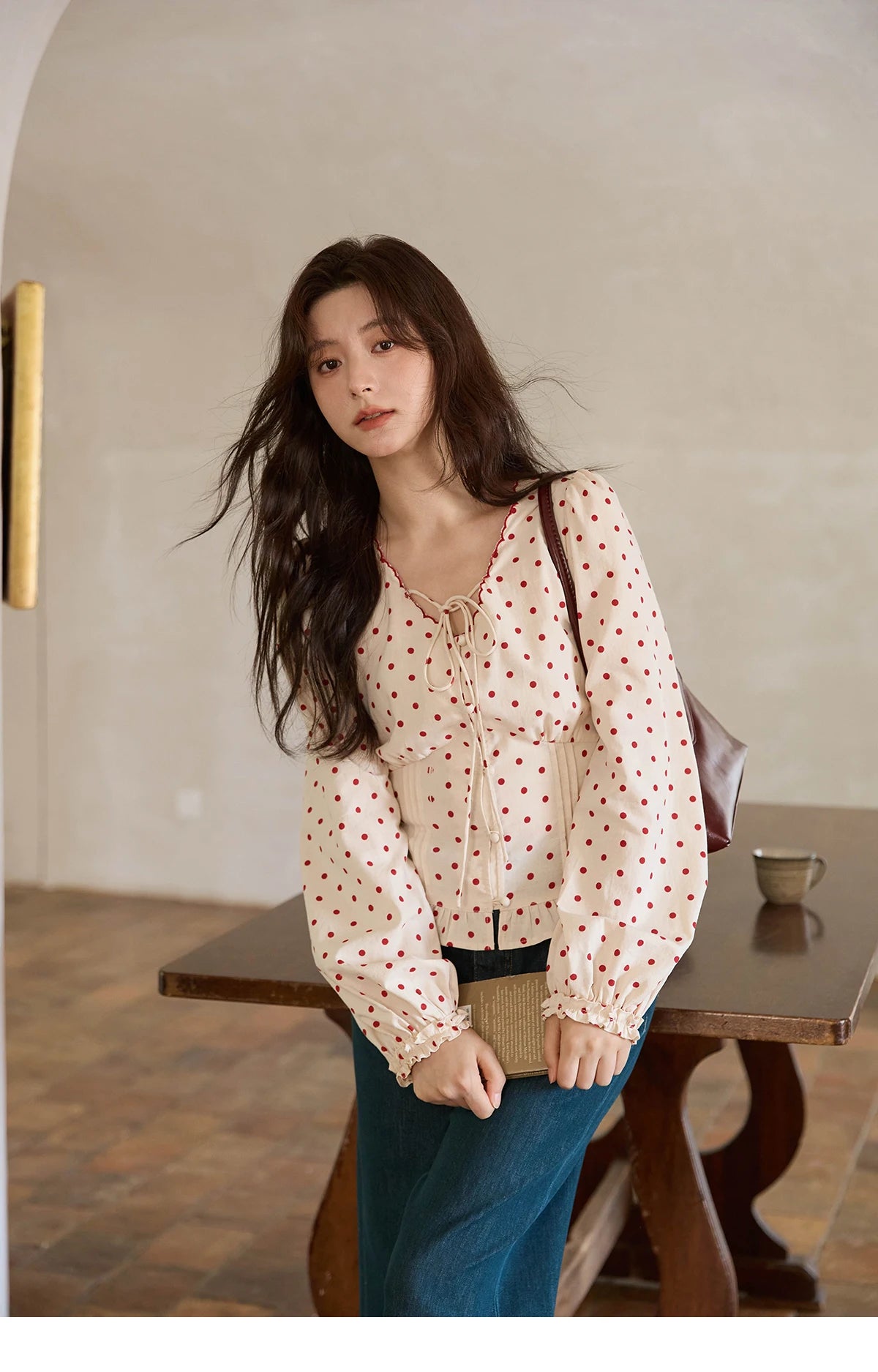 MISHOW Apricot Bottom Red Polka Dot Shirt for Women Autumn 2025 Korean Ruffled Edges Shirts V-neck Lace-up Sweet Top MXE42X1971