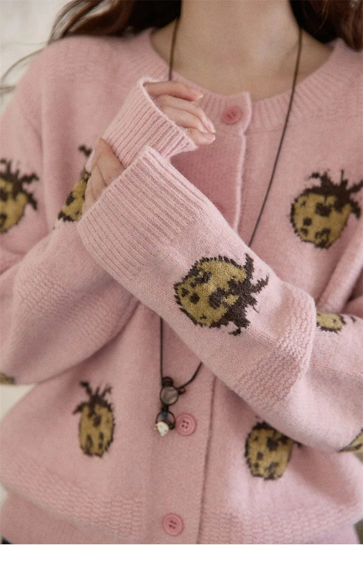 MISHOW Cardigan Women 2025 Autumn Winter Fashion Fuuny Pineapple Jacquard Round Neck Single-breasted Sweater Woman MXE87Z2752