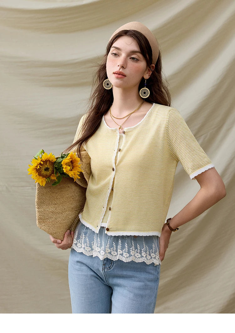 MISHOW Summer Camisole Cardigan Sets for Women 2025 Short Sleeve Round Neck Hem Lace Knitted Tops Female Fashion MXE33T0582