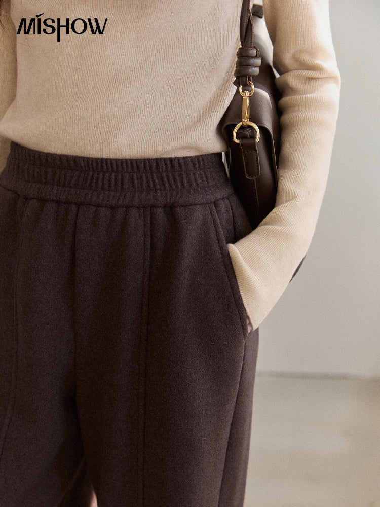 MISHOW High Waist Wide Leg Pants for Women 2025 Winter Casual Loose Thick Fleece Warm Knit Pants Straight Trousers MXE92K1127