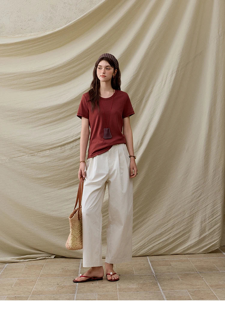 MISHOW Casual Summer T-shirts Women Short Sleeve Round Neck Solid Straight Shoulder Shirt Female Fashion Slimming New MXE31T0532