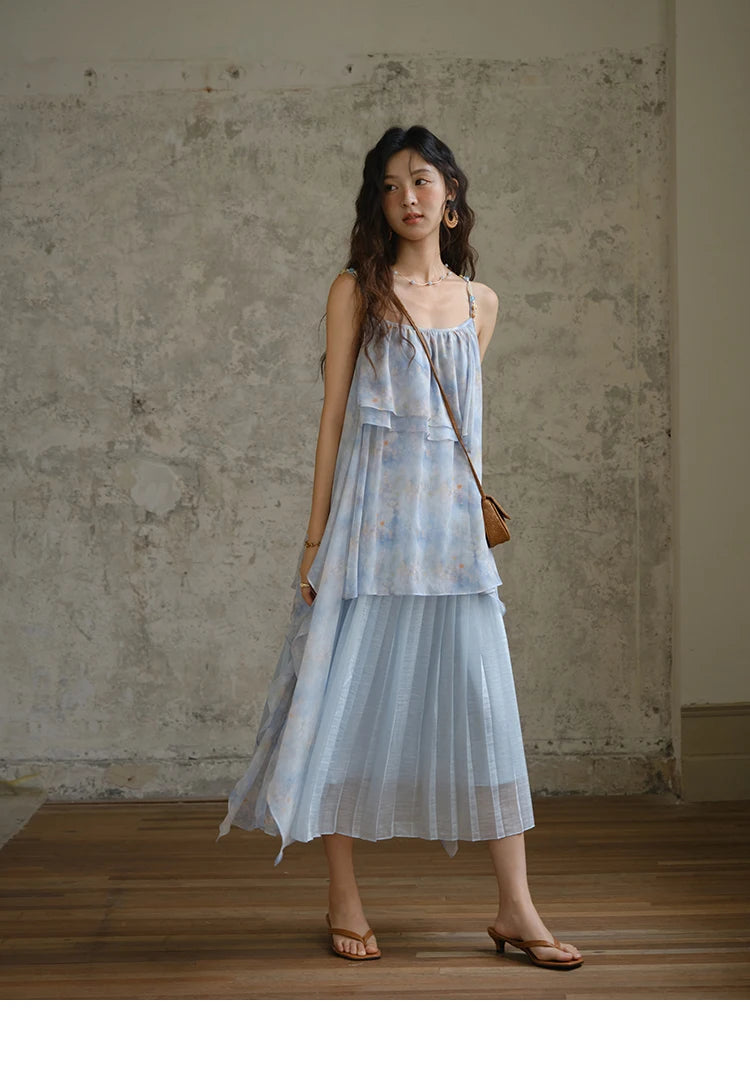 MISHOW Fashion Print Strap Dress for Women 2025 Summer New Multi Layer Ruffle Edge Splicing Sleeveless Midi Dresses MXE35L2233