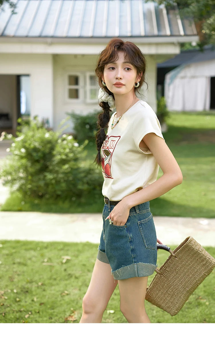 MISHOW Denim Shorts Cotton Elastic for Women 2024 Summer Korean High Waist Curled Edge Pants Casual Slim Short Pants MXD30K0659