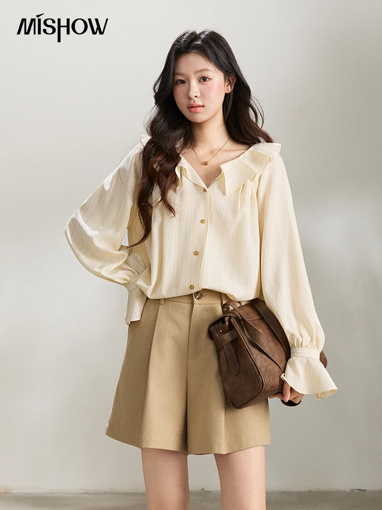 MISHOW Women's Ruffled Collar Striped Shirt 2026 Spring Flare Sleeve Elegant Casual Loose Long Sleeve Top Office Lady MXF13C2438