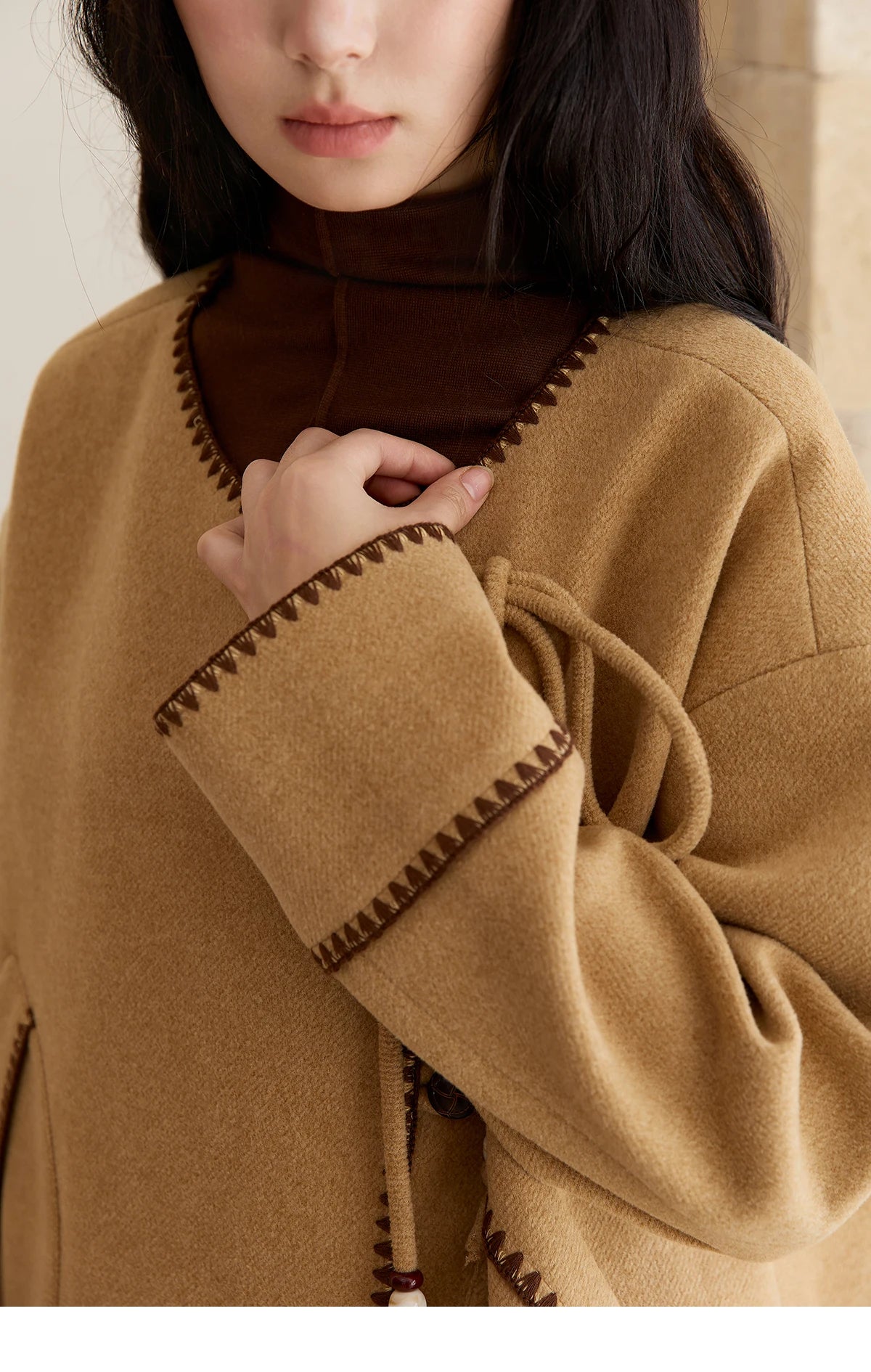 MISHOW Coat for Women 2025 Autumn Winter Khaki Asymmetrical Design Shell Flower Embroidery Lace-up Short Casual Coat MXE49W0854