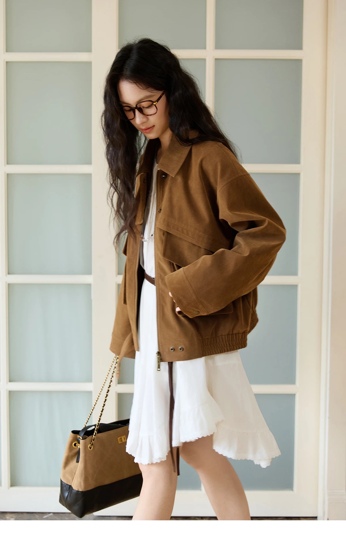 MISHOW Suede Retro Brown Jacket for Women Autumn Winter 2025 Pocket Zipper Loose Coats Lapel Wide-waisted Casual Coat MXE46W0866