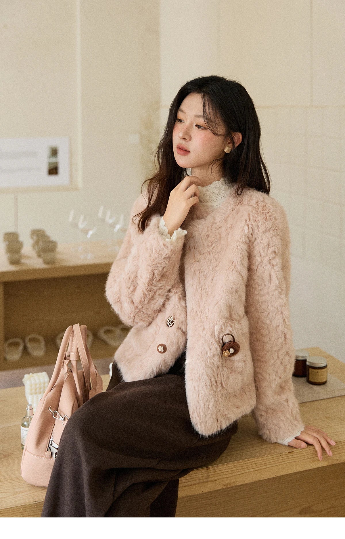 MISHOW Women's Winter Jacket 2025 Sweet Pink Faux Rabbit Fur Coat with Pockets Handcrafted Vintage Buttons Outerwear MXE87W0990