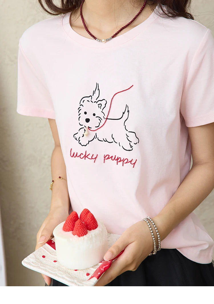 MISHOW Cute Printed Puppy Short Sleeve T-shirt 2025 Summer Round Neck Short Sleeved T-shirt Cotton Blend Casual Tees MXE36T0640