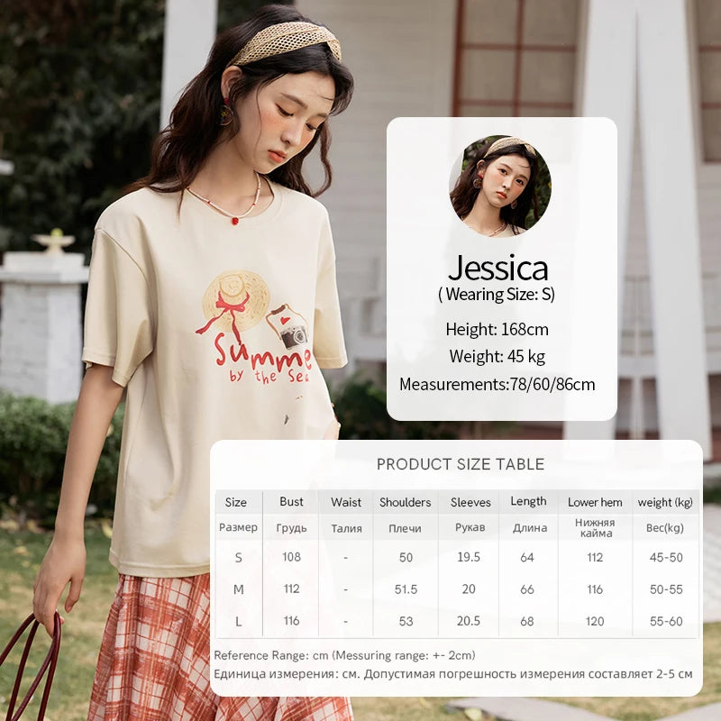 MISHOW Women's Print T-shirt 2025 Summer New Loose Casual T-shirt Ladies Round Neck Short Sleeve Tee Female Clothing MXE34T0559