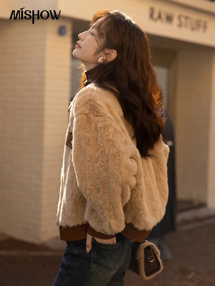 MISHOW Women's Lamb Wool Coat 2022 Winter Single Breasted Leather Turn-down Collar Thickened Warm Outwear Office Lady MXB43W0490