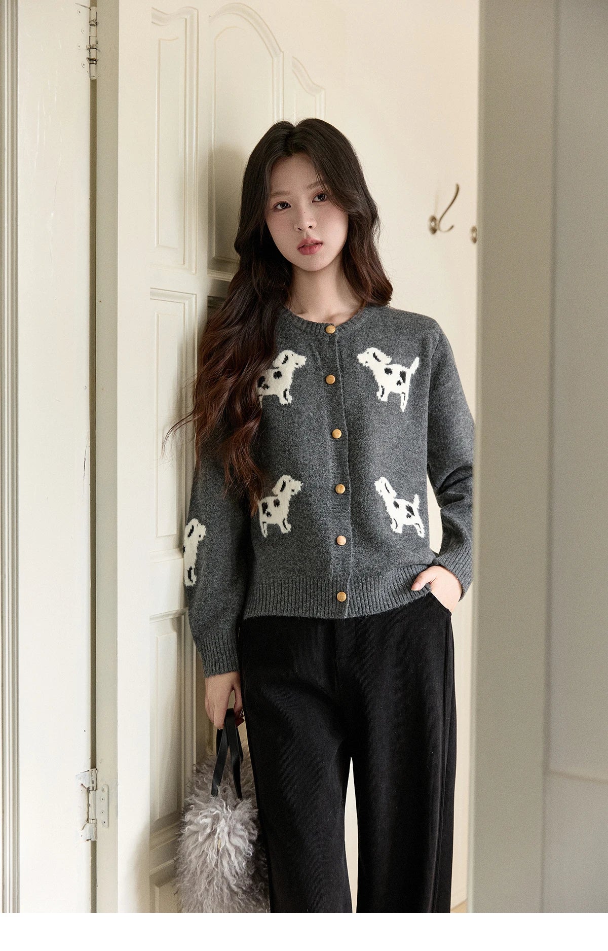 MISHOW Women's Puppy Jacquard Knit Cardigan 2025 Winter Single-breasted Crew Neck Top Warm Loose Sweaters Office Lady MXE93Z2950