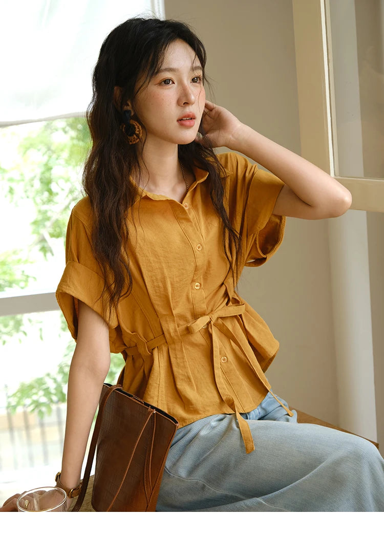 MISHOW Women's Casual Shirt 2025 Summer New Lace Up Button Turn-Down Collar Top Retro Orange Shirt Women's Clothing MXE37C0809